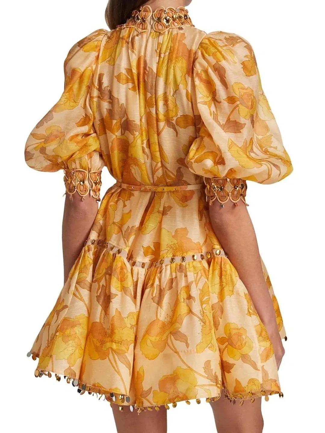 Zimmermann Tempo Trim Rouleau Mini Dress Gold Peonies Size 3 for rent on The Volte - main image