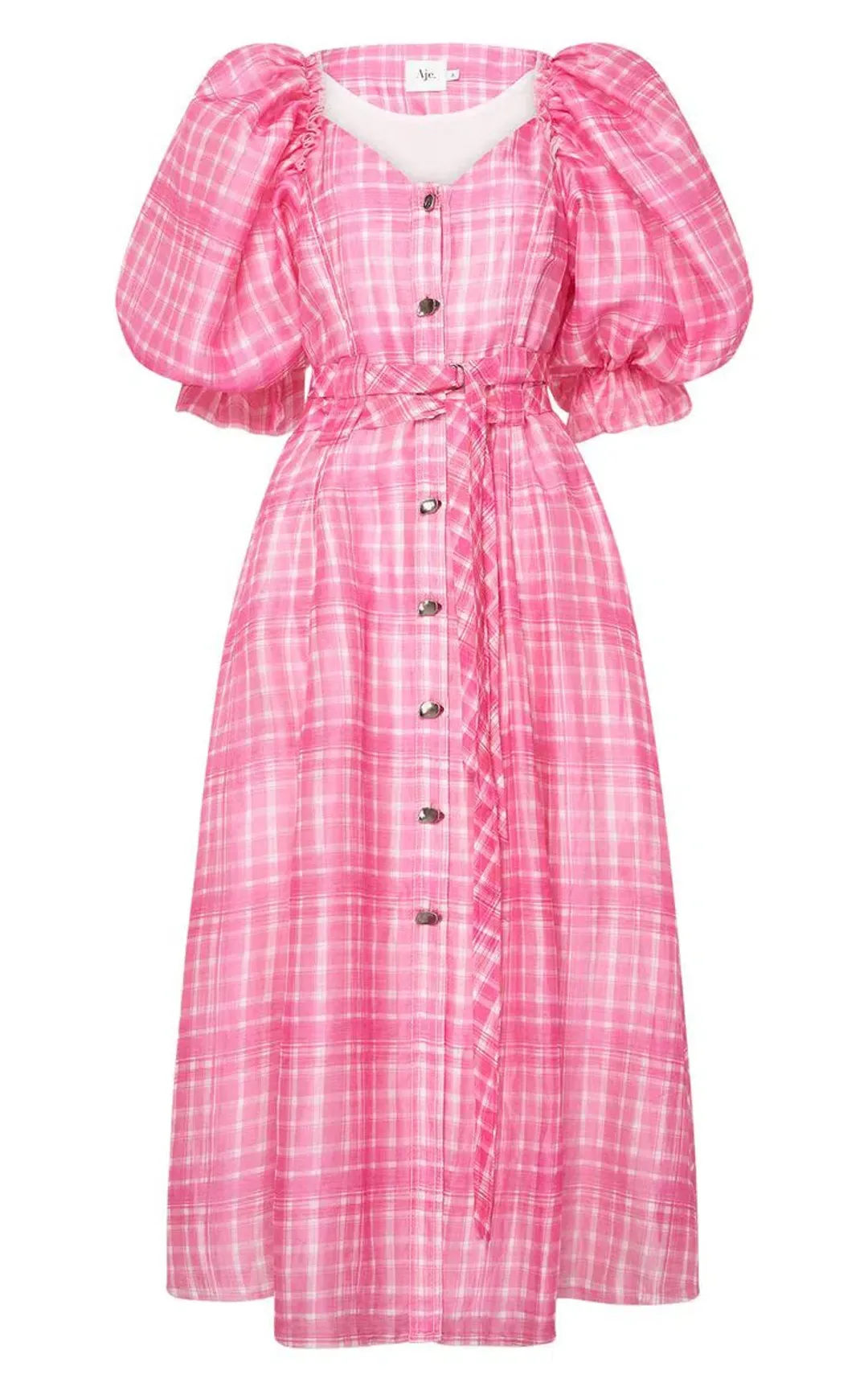 Aje Bungalow Puff Sleeve Midi Pink Check Print Size 10 for rent on The Volte - main image