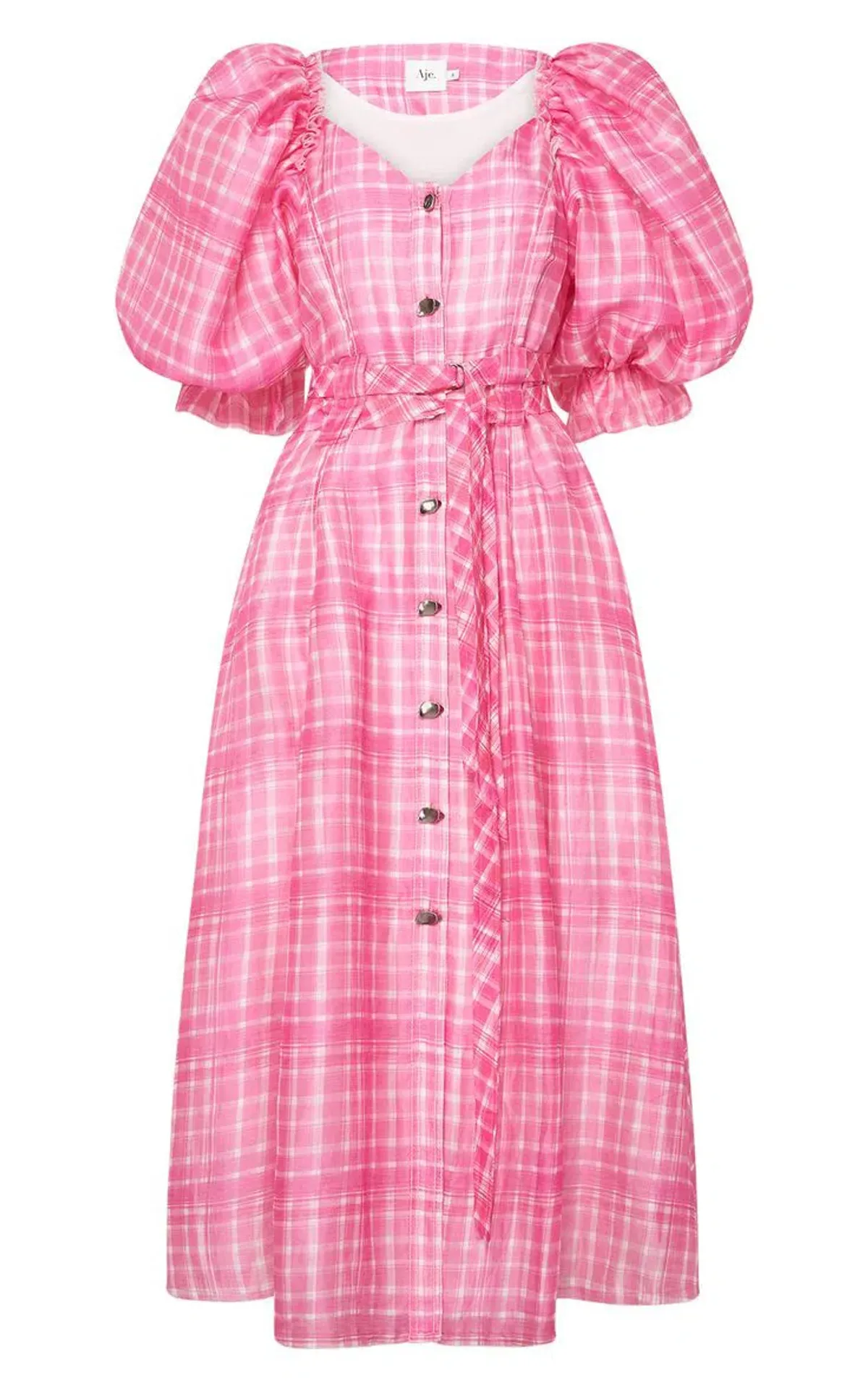 Aje Bungalow Puff Sleeve Midi Pink Check Print Size 10 - Image 5