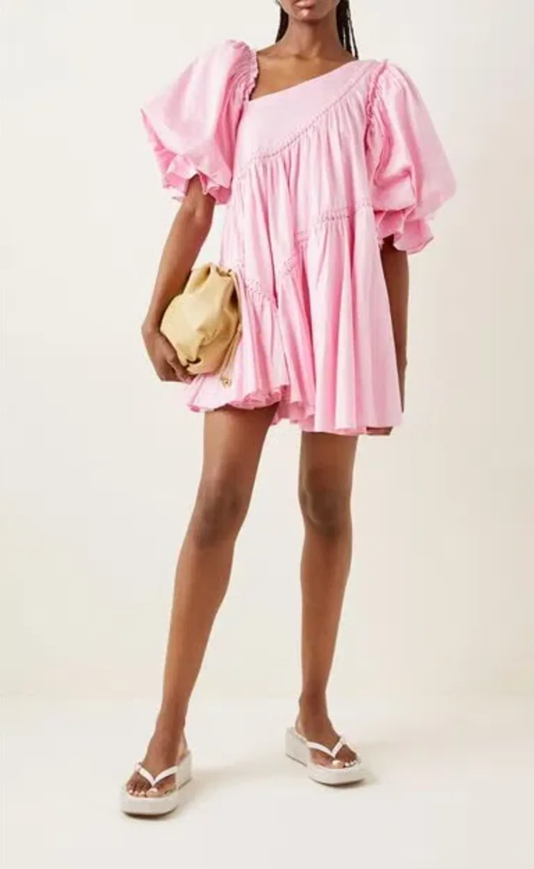 Aje Casabianca Braided Asymmetric Puff Sleeve Mini Dress Pink Size 8 for rent on The Volte - main image