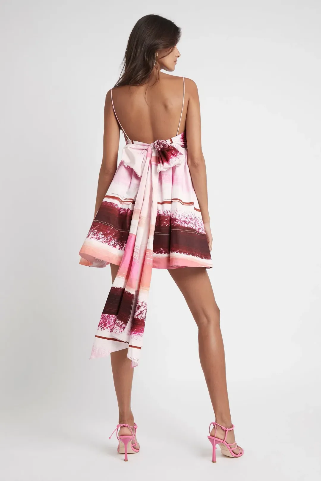 Aje Kasbah Sunset Stripe Ruched Bow Back Mini Dress Print Size 8 for rent on The Volte - main image