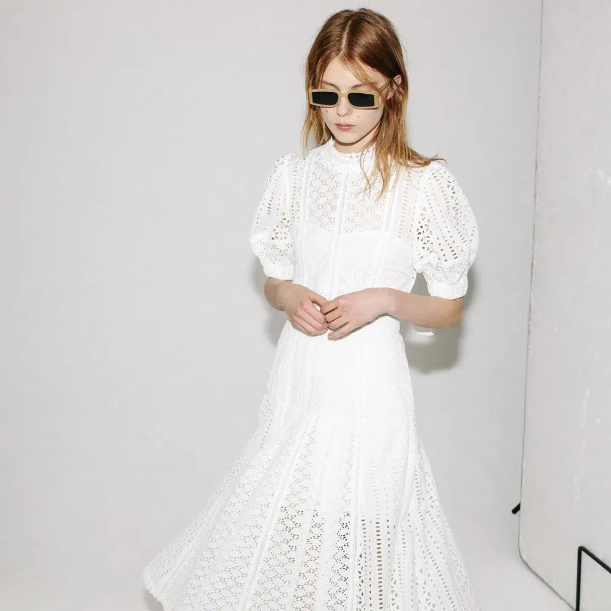 Self Portrait White Cotton Broderie Dress White Size 8  - Image 4