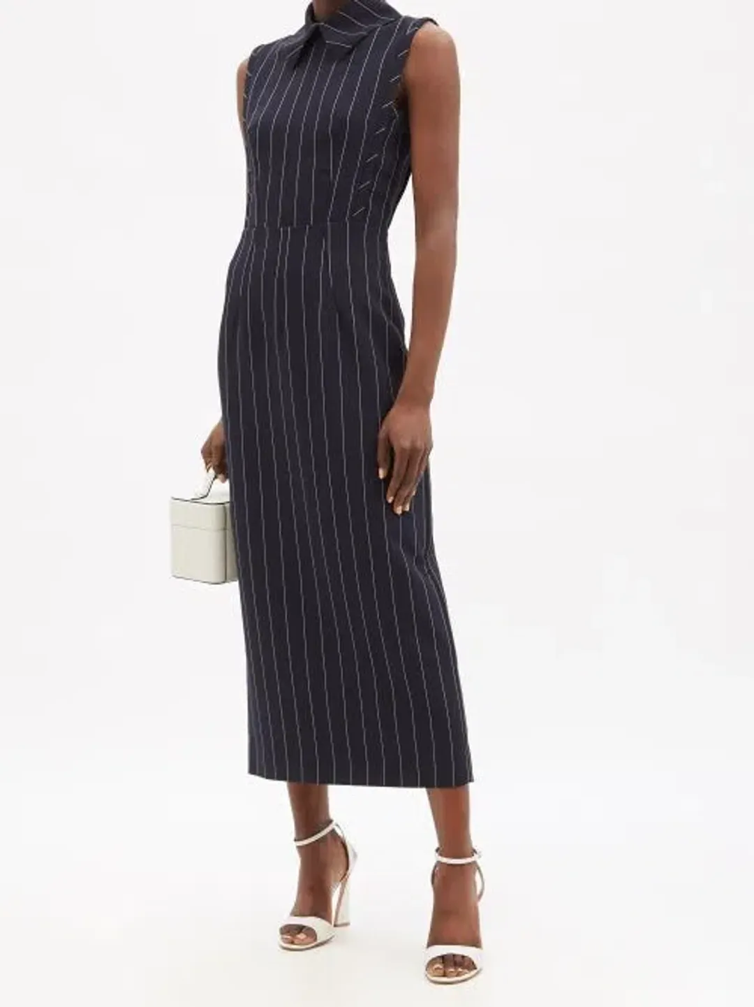 Emilia Wickstead Miles Pinstriped Crepe Midi Dress Navy/White Size 16 for rent on The Volte - main image