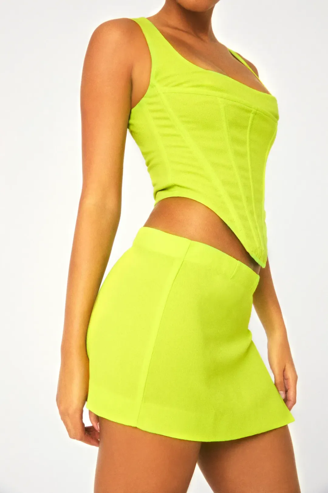 Miaou Campbell Corset and Micro Mini Skirt Set Neon Lime Size M for rent on The Volte - main image