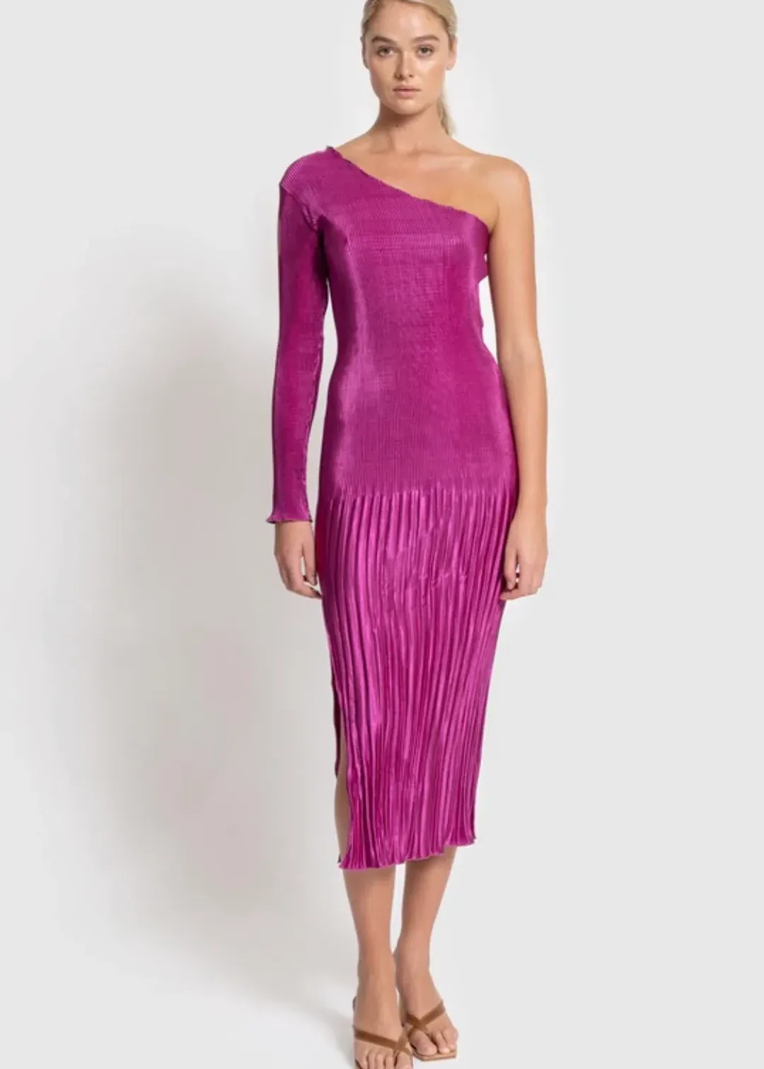L'Idee Soiree One Shoulder Long Sleeve Dress Magenta Size 10 for rent on The Volte - main image