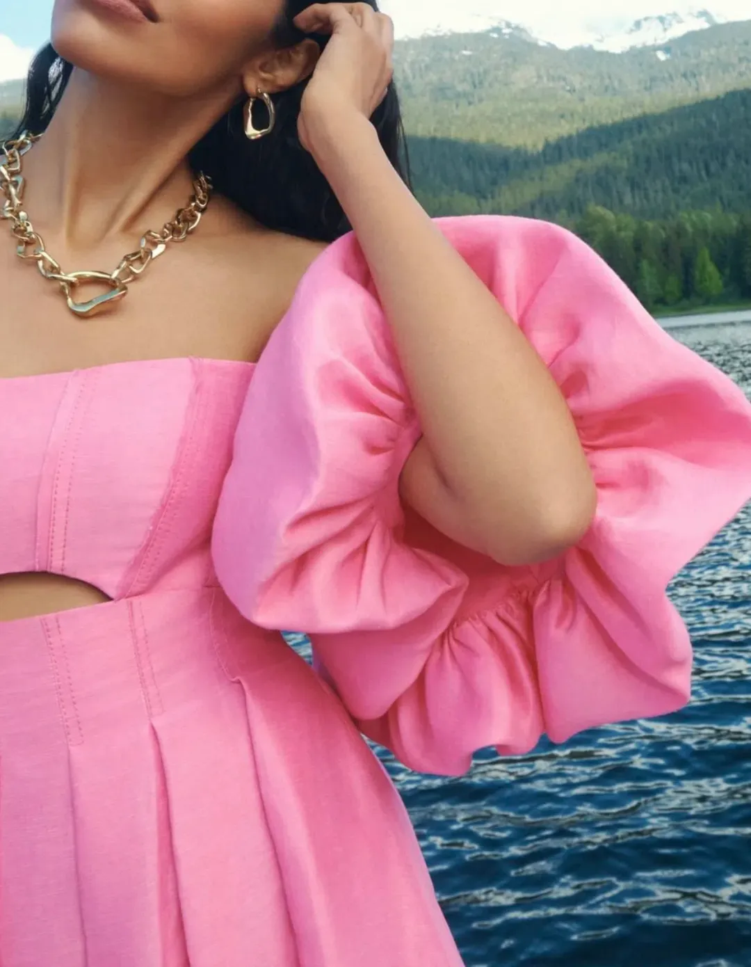 AJE Eugenie Off Shoulder Midi Dress French Rose Pink Size 8 for rent on The Volte - main image