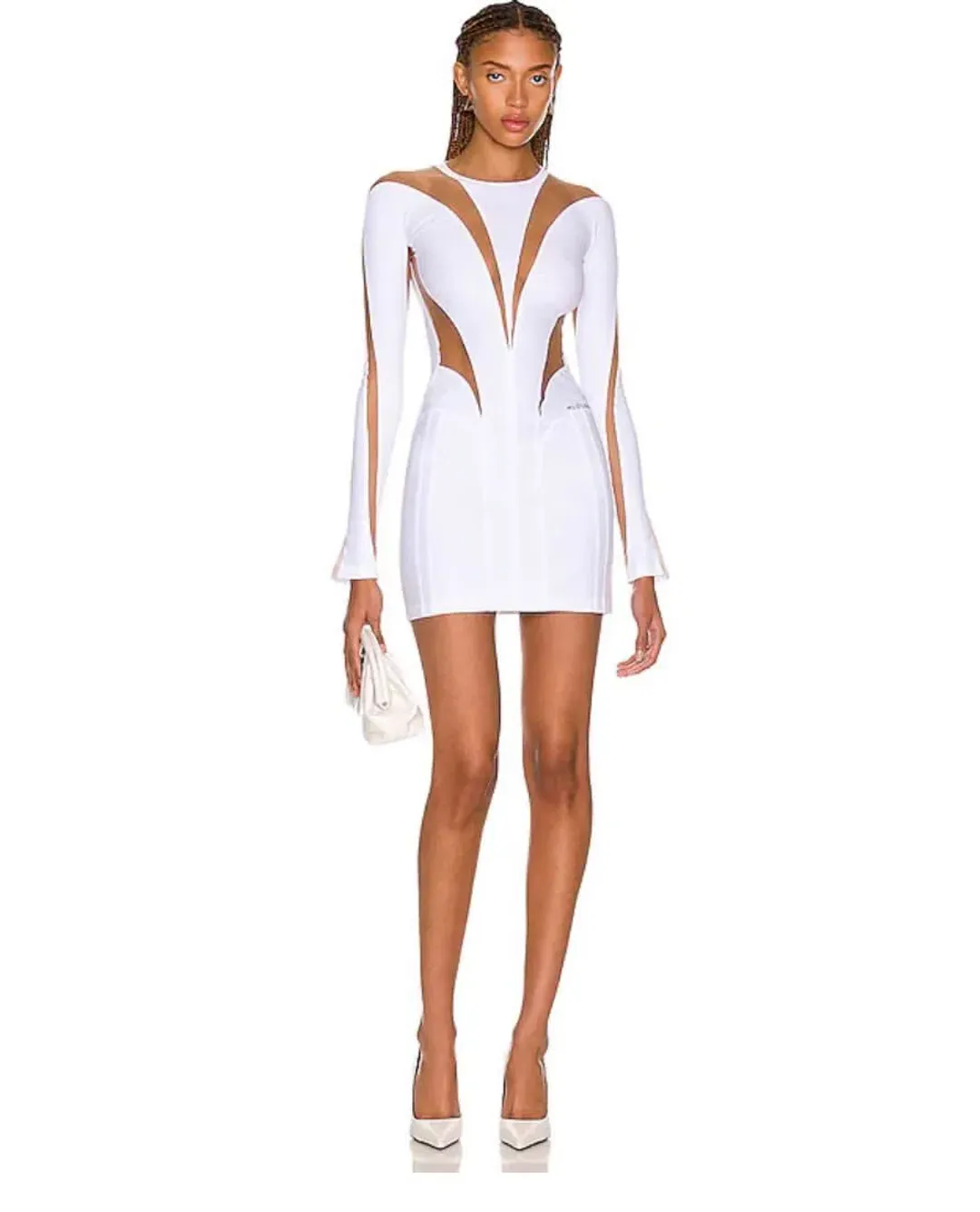 Mugler Logo Plaque Sheer Panel Dress White Size 8 for rent on The Volte - main image