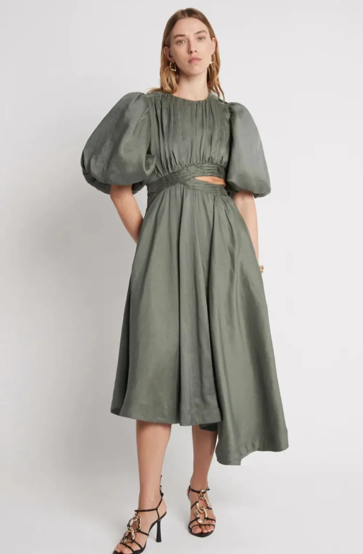 Aje Tidal Tucked Cut Out Midi Dress Green Size 8 - Image 1