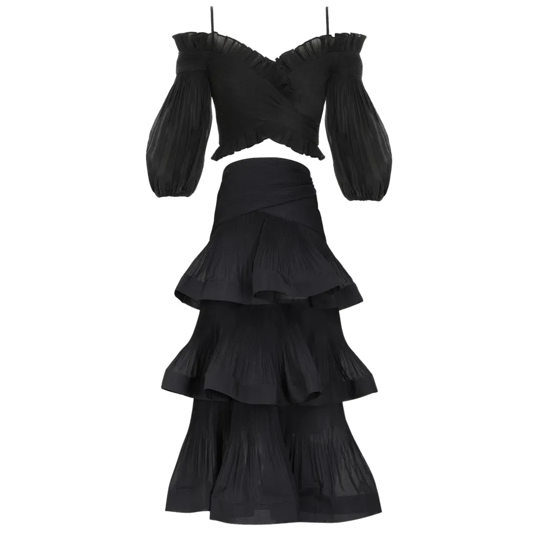 Zimmermann Pleated off The Shoulder Top and Midi Skirt Set Black suitable fit Size 10 for rent on The Volte - main image