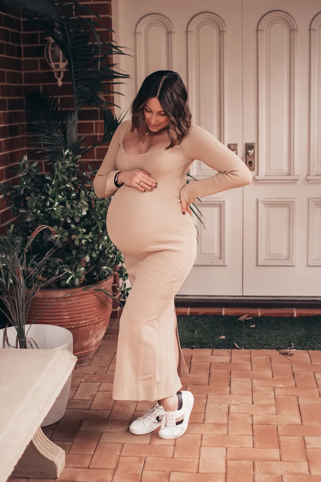 Dissh Stride Warm Wheat Knit Midi Dress Beige Size 8 for rent on The Volte - main image