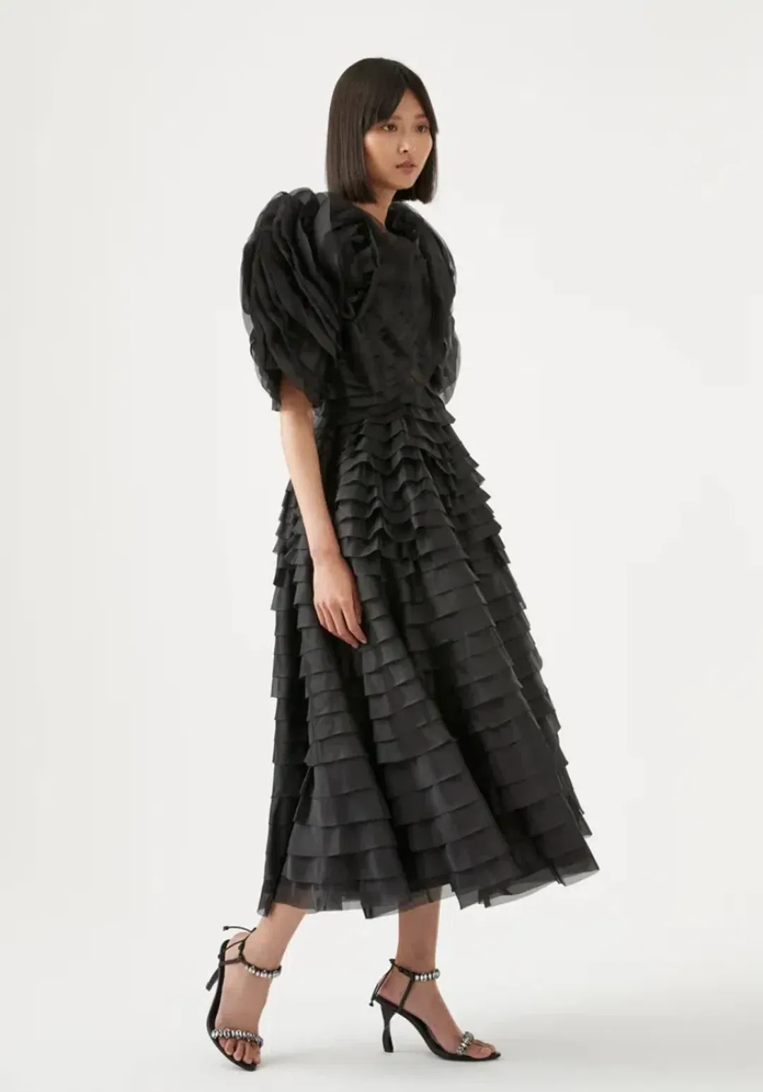 Aje Amour Ruffle Midi Dress Black Size 8 for rent on The Volte - main image