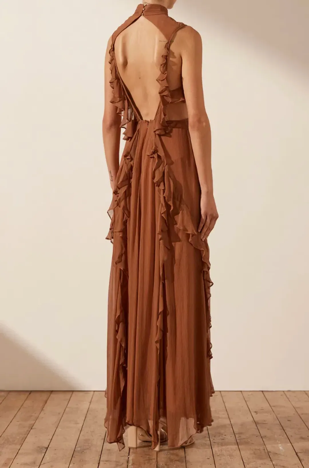 Shona Joy Leonie Backless Frill Maxi Dress in Almond Brown Size 6 for rent on The Volte - main image