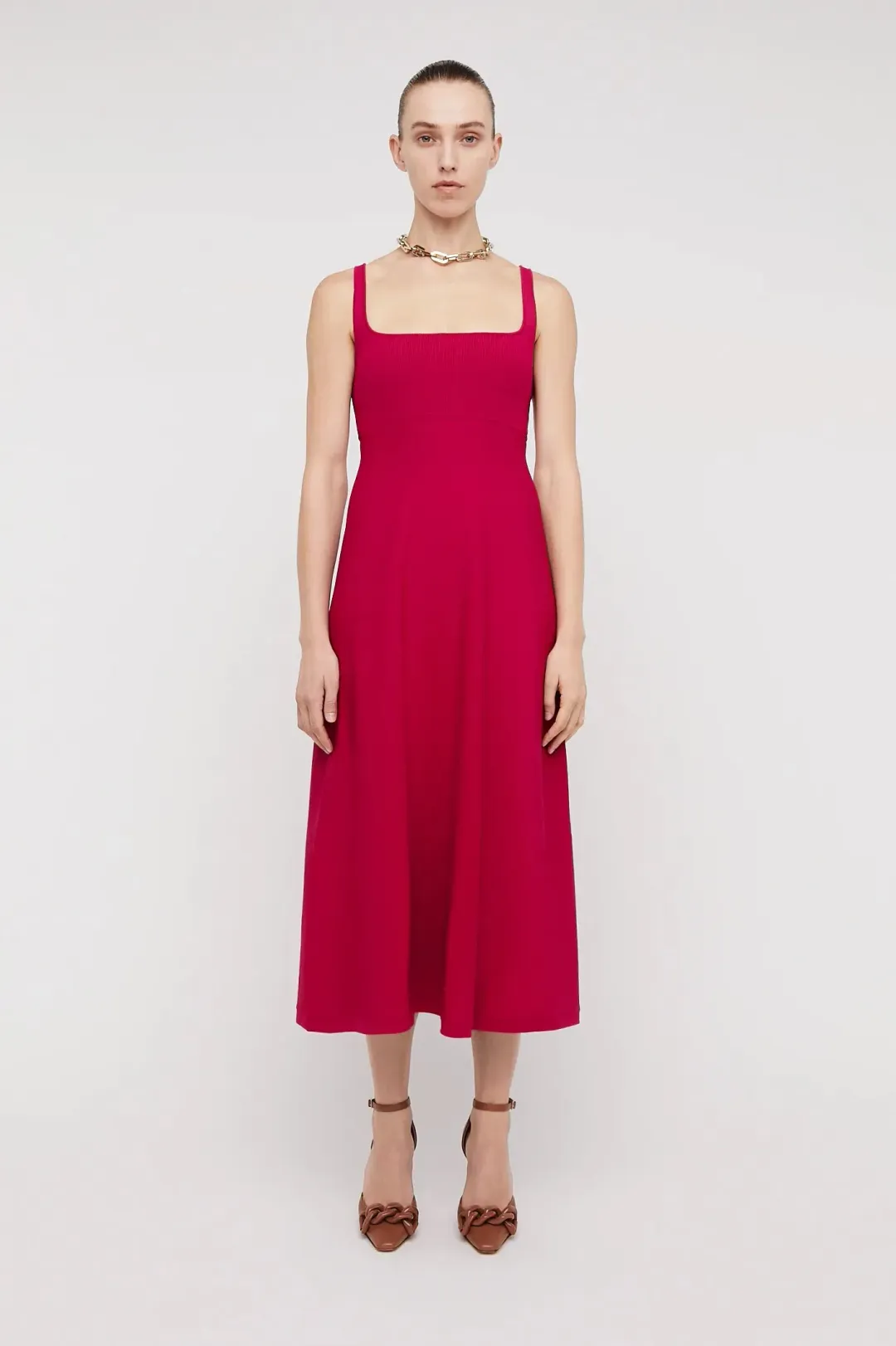 Scanlan Theodore Crepe Knit Square Neck Dress in Raspberry Red Size S/ AU 8 for rent on The Volte - main image