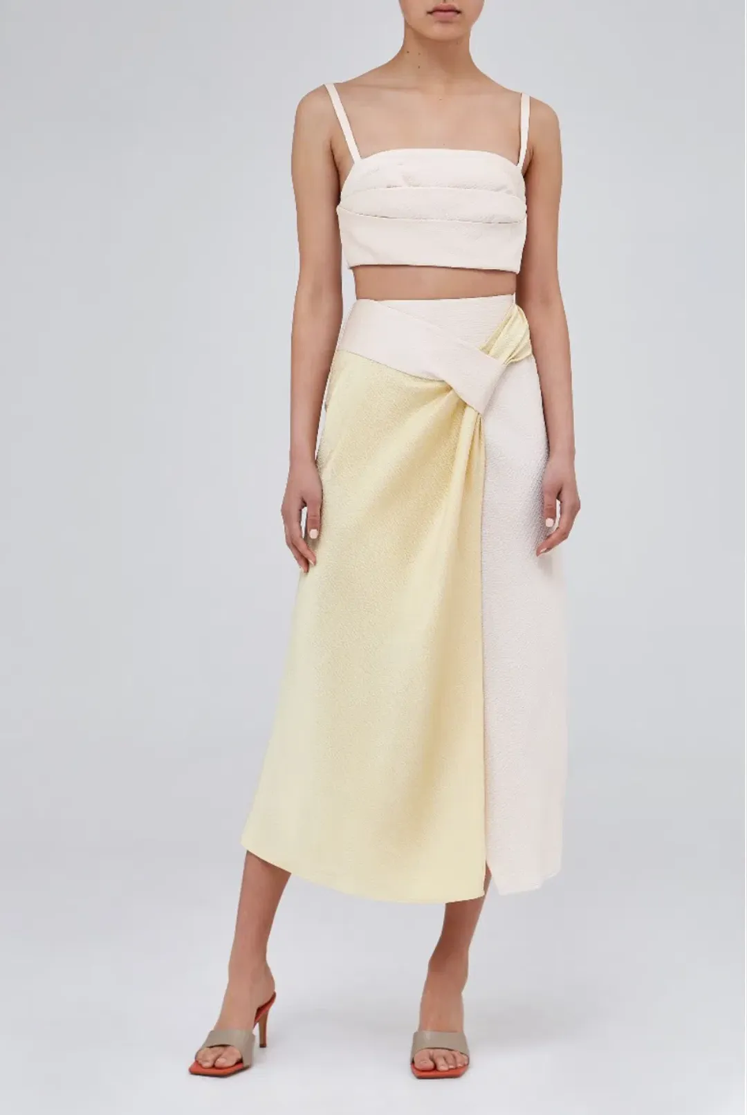 C/MEO Collective Opposite Sides Skirt and Crop Set in Ecru with Limoncello Size 10 for rent on The Volte - main image