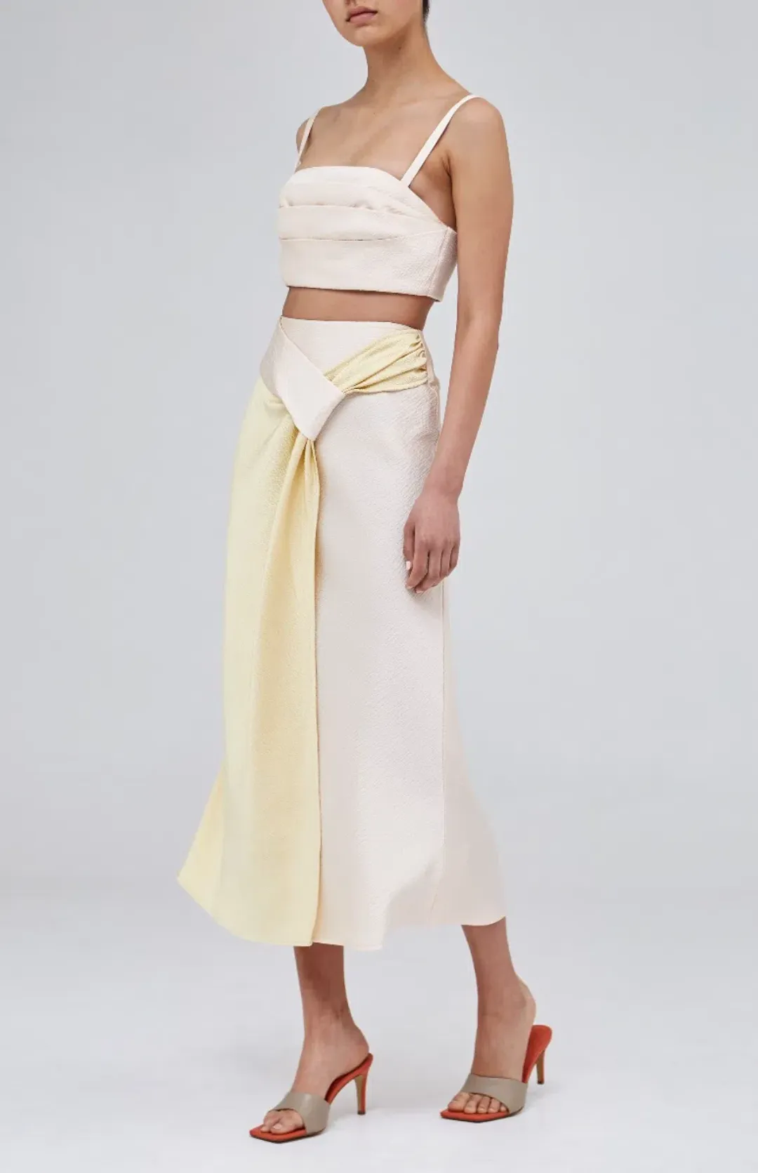 C/MEO Collective Opposite Sides Skirt and Crop Set in Ecru with Limoncello Size 10 for rent on The Volte - main image