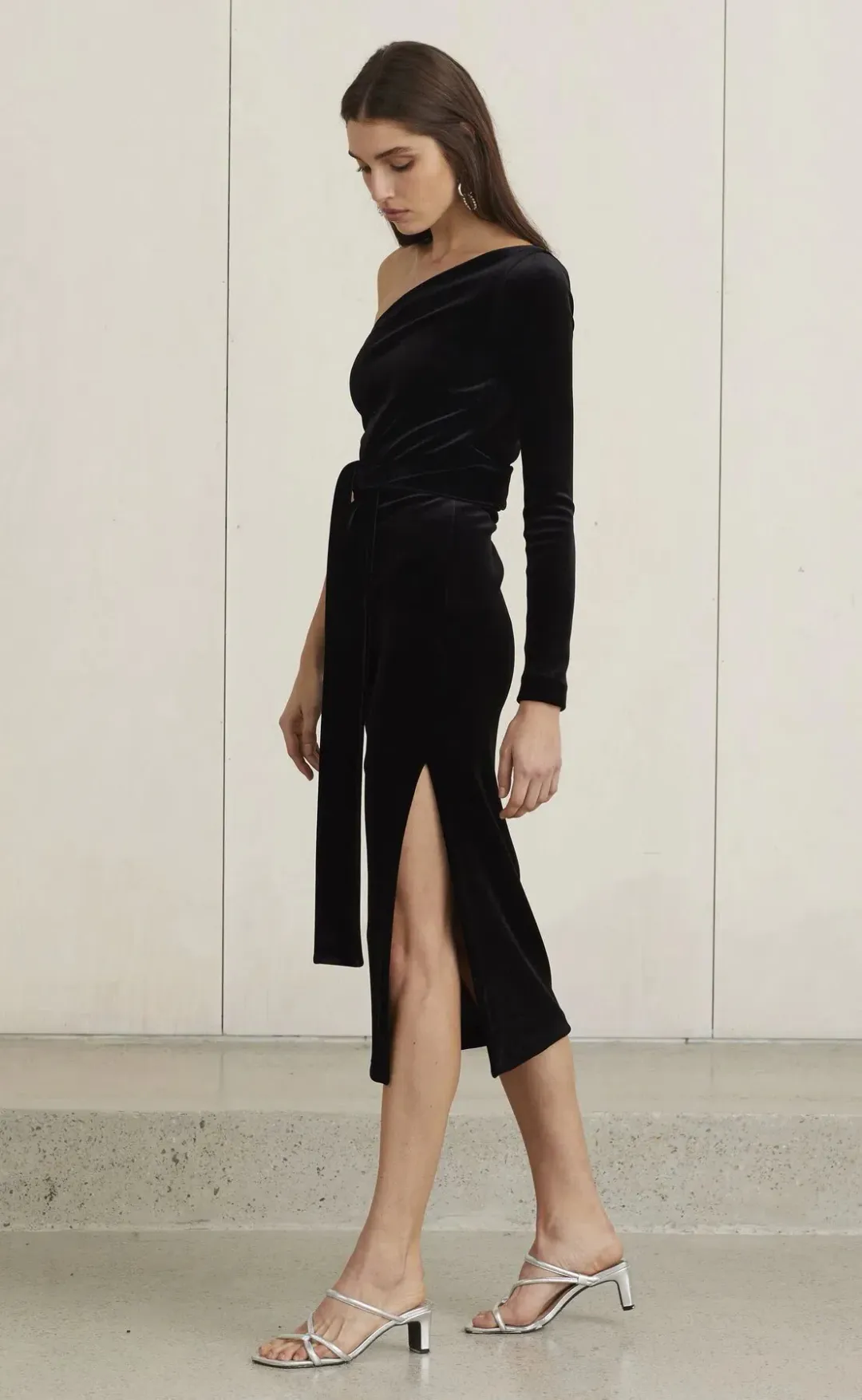 Bec & Bridge Velour One Shoulder Dress Black Size 10 for rent on The Volte - main image