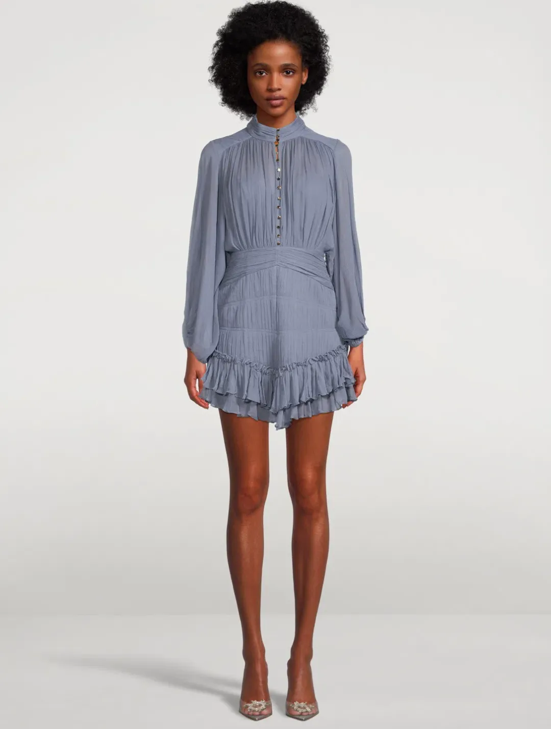 Shona Joy Kayla Button Up Ruched Mini Dress Blue Smoke Size 10  for rent on The Volte - main image