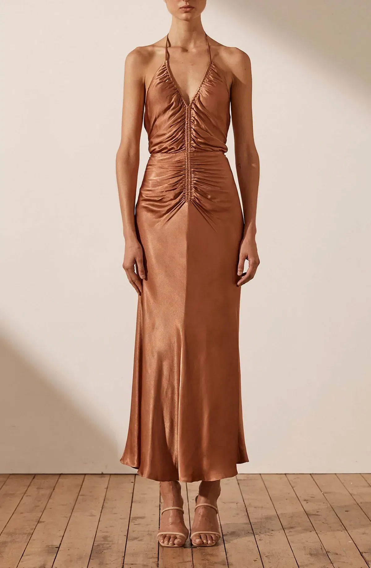 Shona Joy Gala Halter Ruched Midi Dress in Copper Size 8 - Image 1