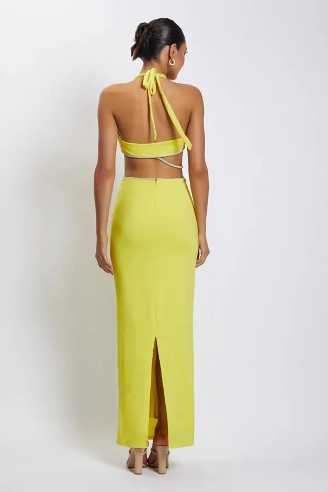 Meshki Nicha Diamante Cut Out Midi Dress Yellow Size 8 for rent on The Volte - main image