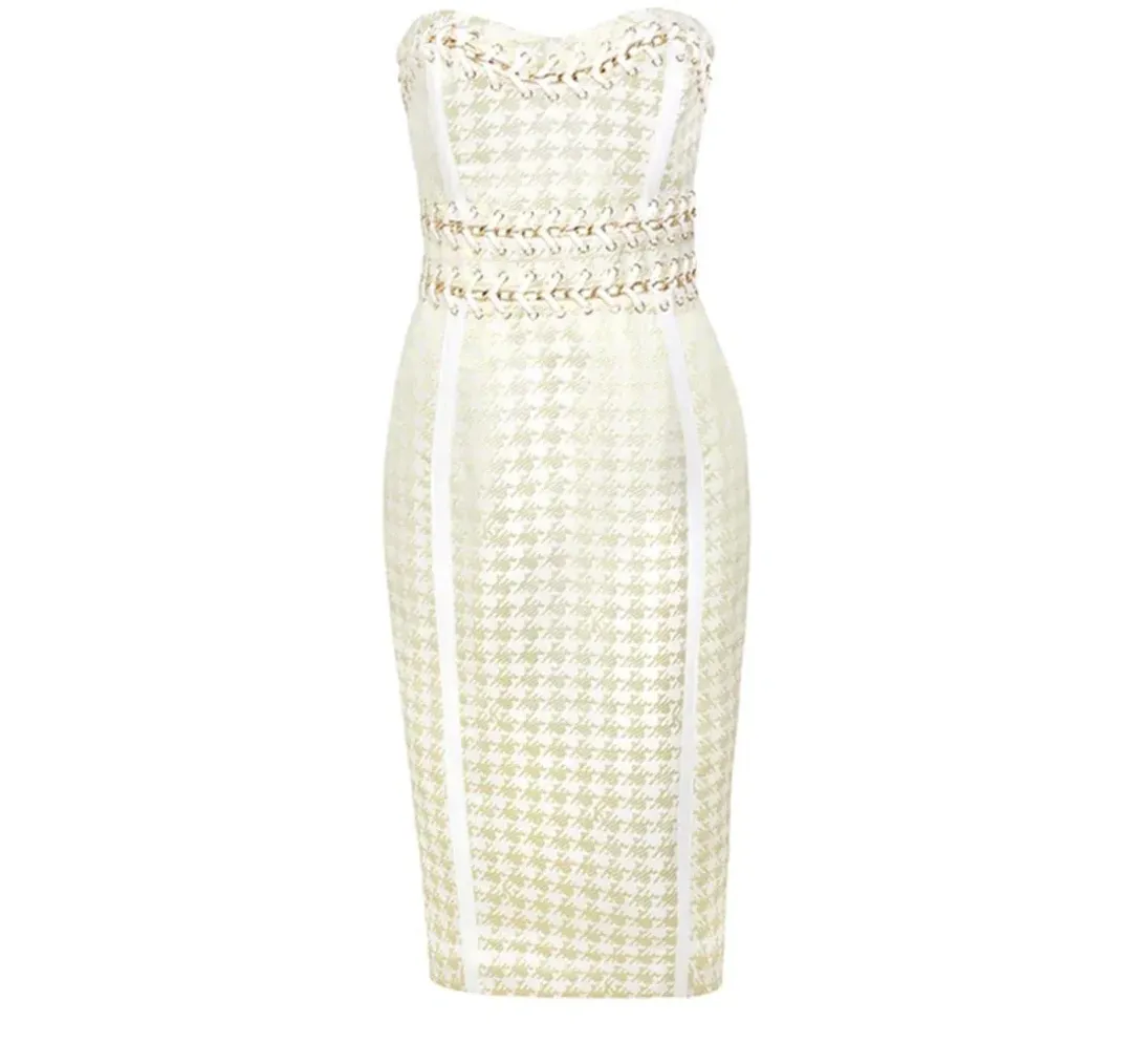 House Of CB Domenica Houndstooth and Chain Midi Dress Gold Cream Size XS / Au 6 for rent on The Volte - main image