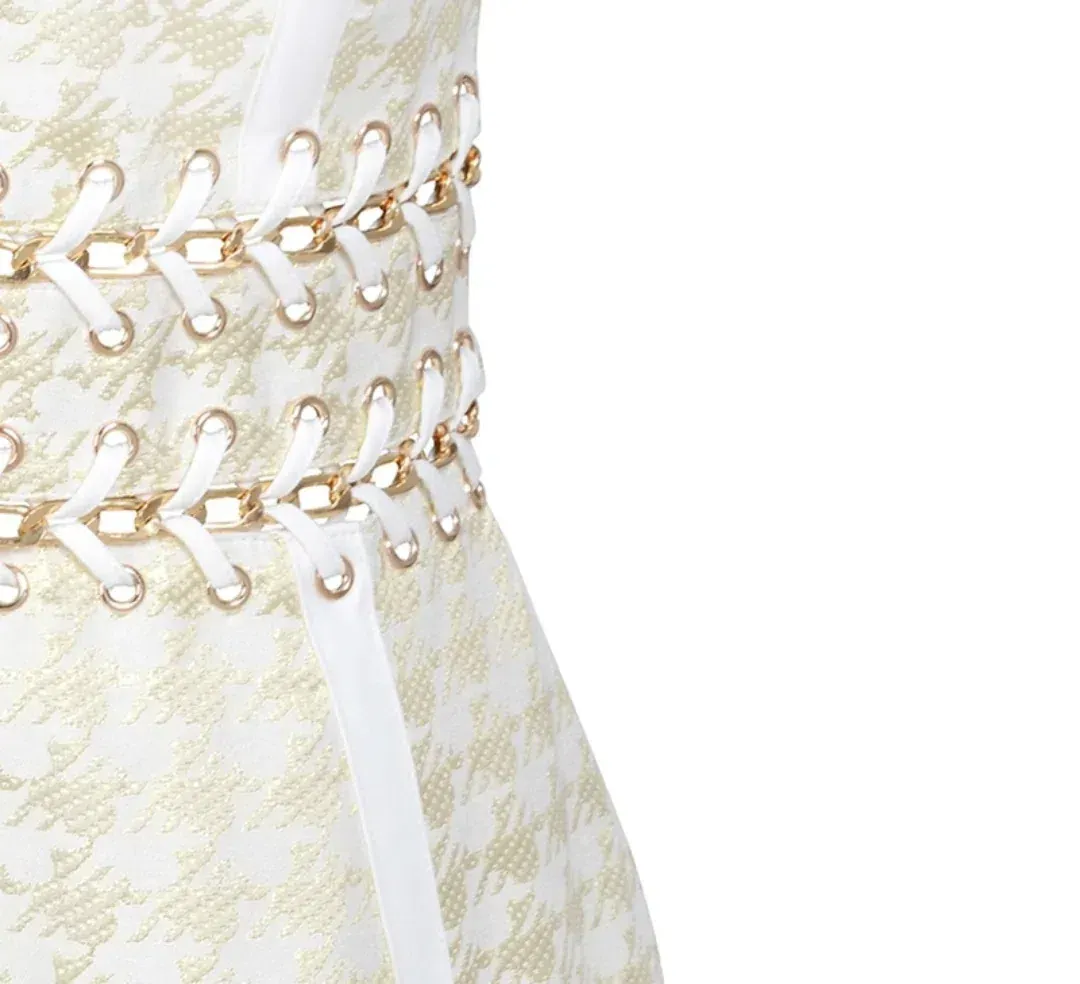 House Of CB Domenica Houndstooth and Chain Midi Dress Gold Cream Size XS / Au 6 for rent on The Volte - main image