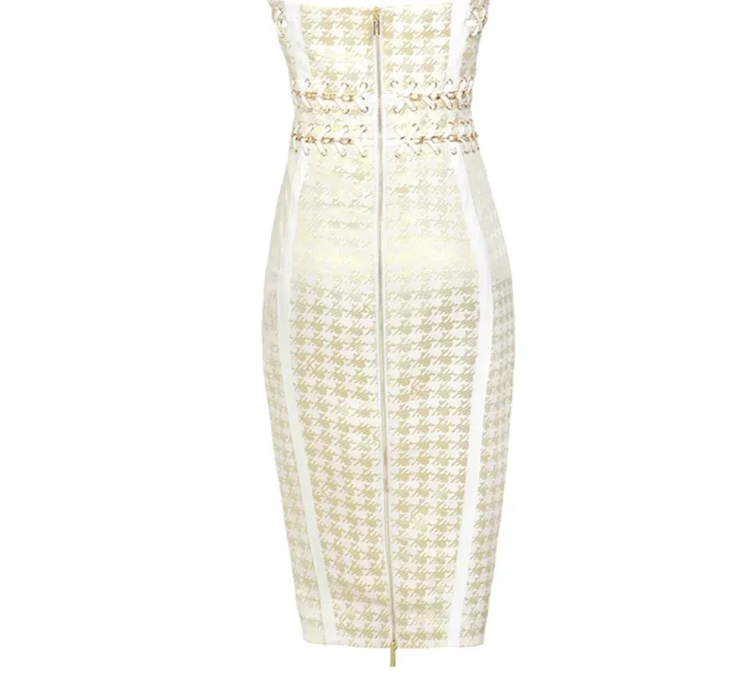House Of CB Domenica Houndstooth and Chain Midi Dress Gold Cream Size XS / Au 6 for rent on The Volte - main image