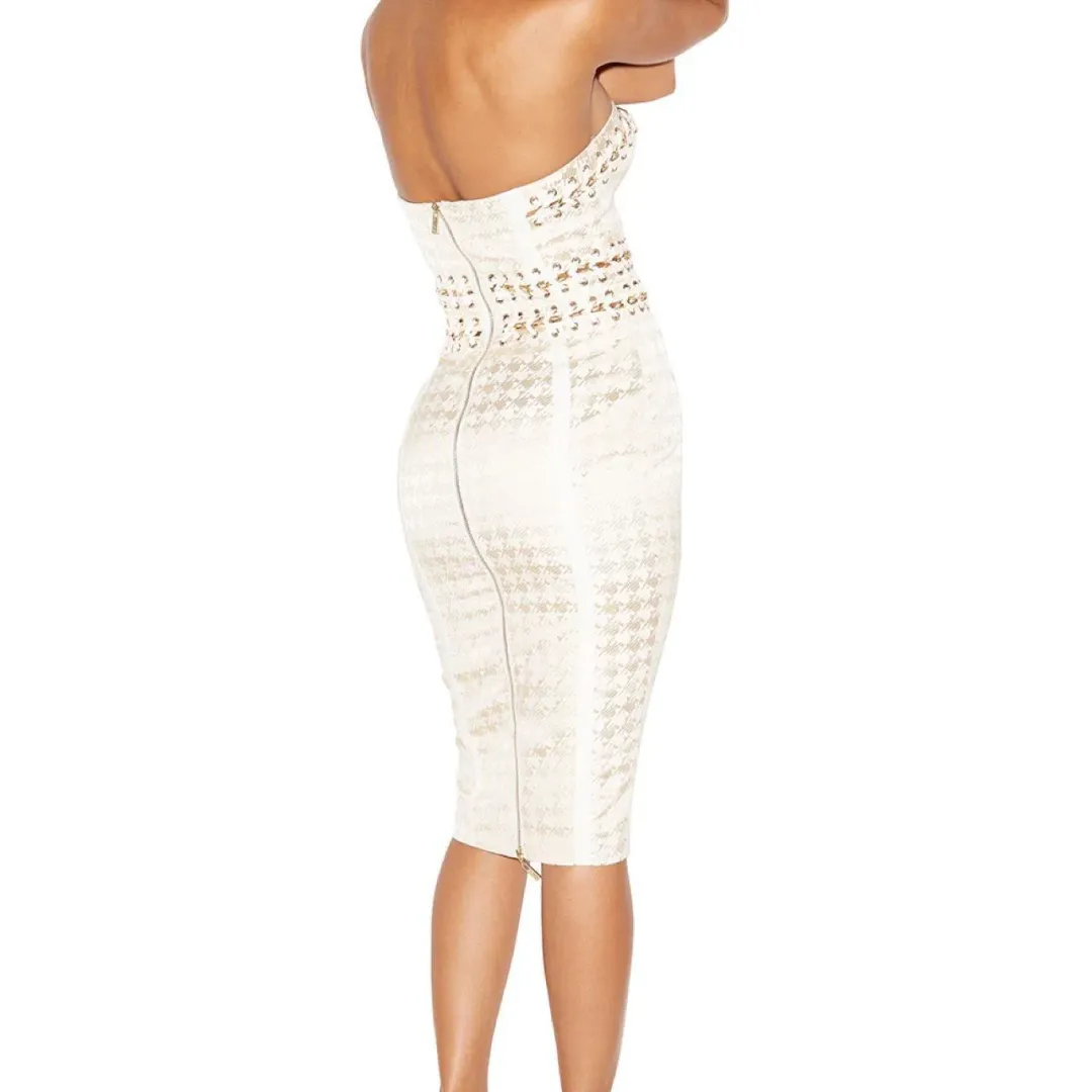 House Of CB Domenica Houndstooth and Chain Midi Dress Gold Cream Size XS / Au 6 for rent on The Volte - main image