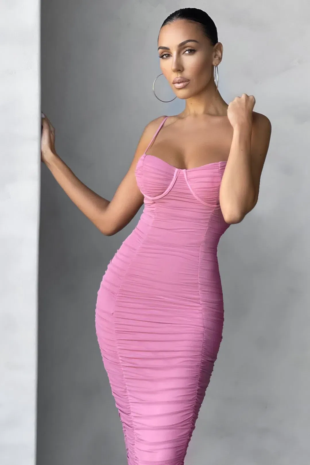 Club L London Mesh Bustier Midi Dress Blush Size S for rent on The Volte - main image