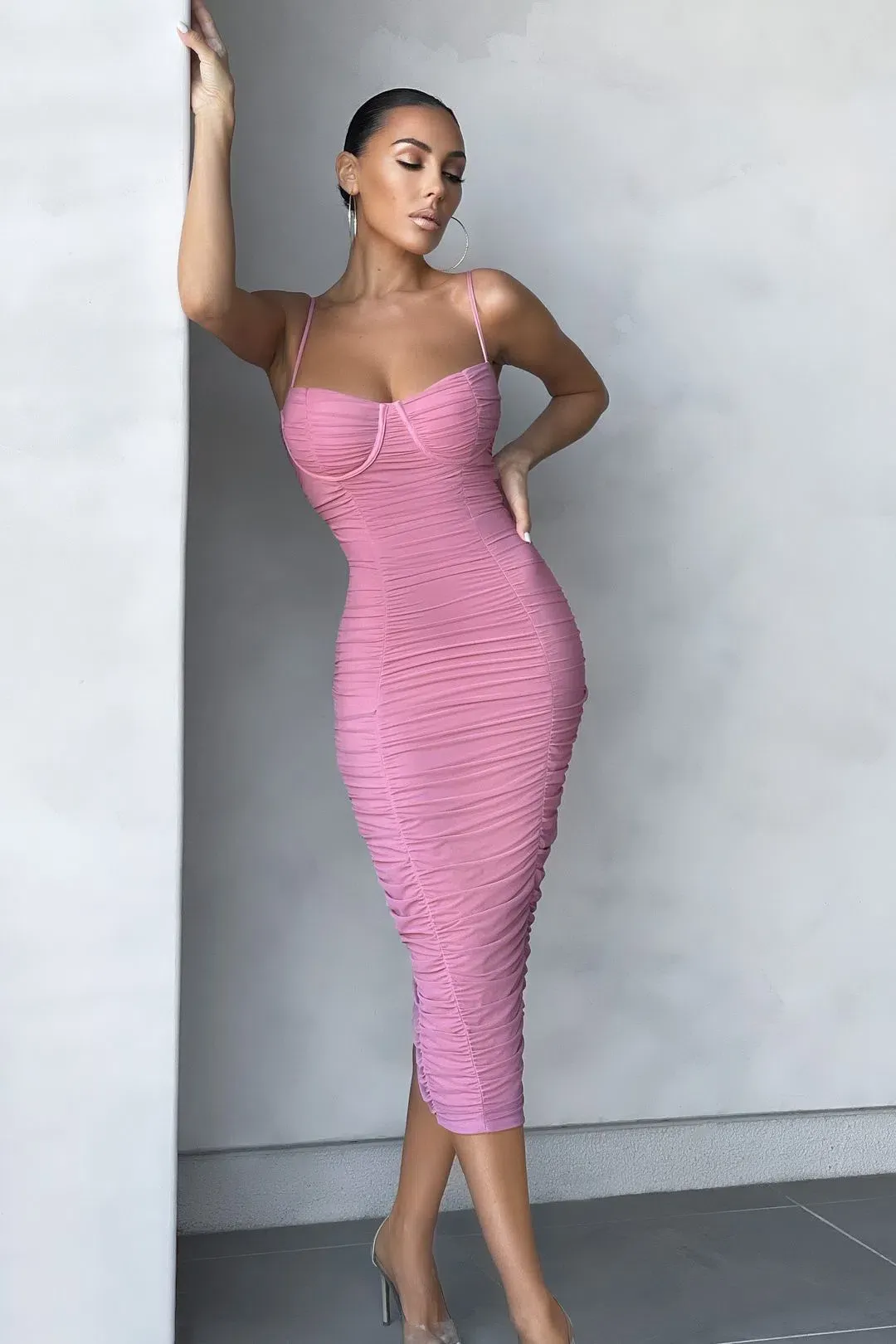 Club L London Mesh Bustier Midi Dress Blush Size S for rent on The Volte - main image