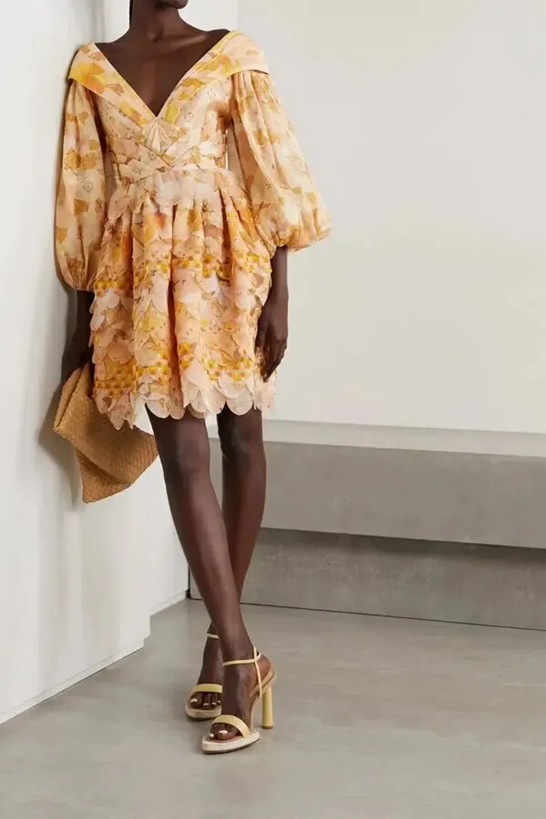 Zimmermann Tempo Scalloped Mini Dress Gold Mixed Print Size 3  for rent on The Volte - main image