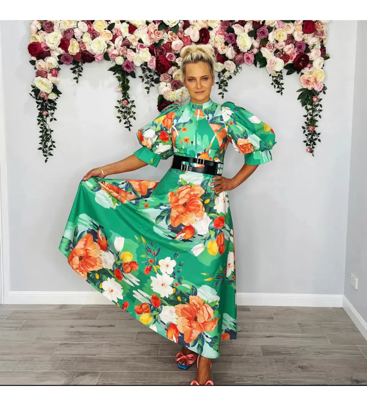 Leo Lin Florescence Midi Dress Green Floral Size 10 - Image 1