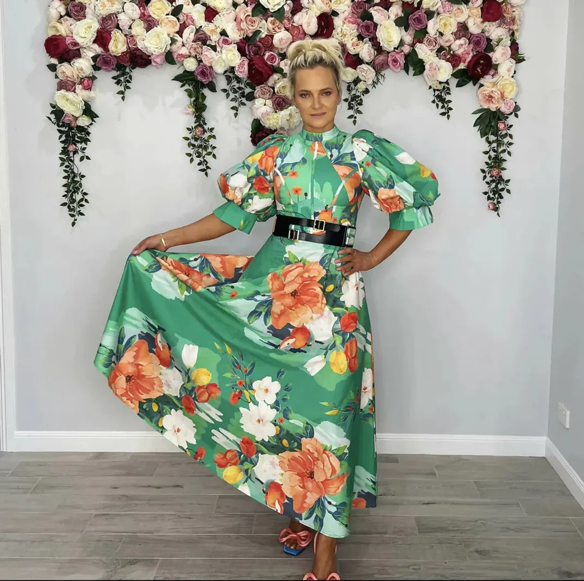 Leo Lin Florescence Midi Dress Green Floral Size AU 12 - Image 2