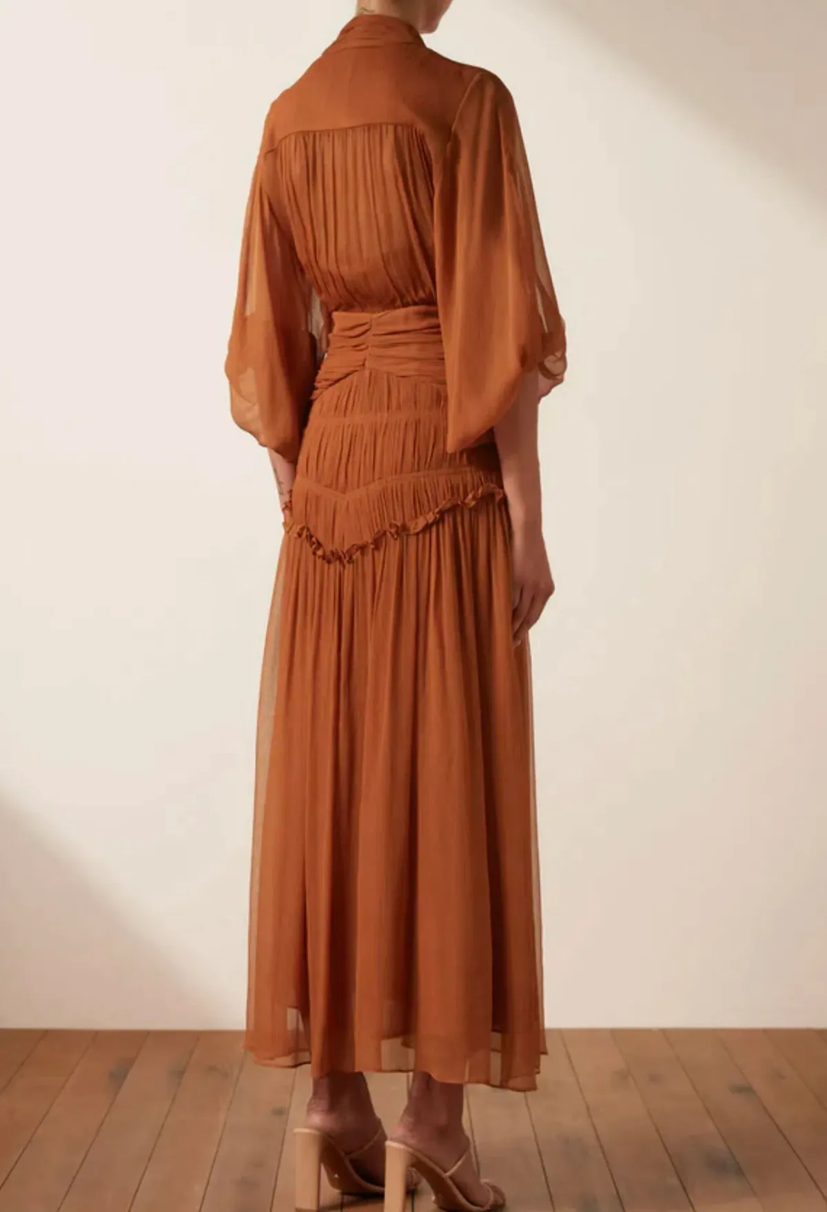 Shona Joy Noemi Button Up Ruched Midi Dress in Siena Brown Size 16 - Image 3