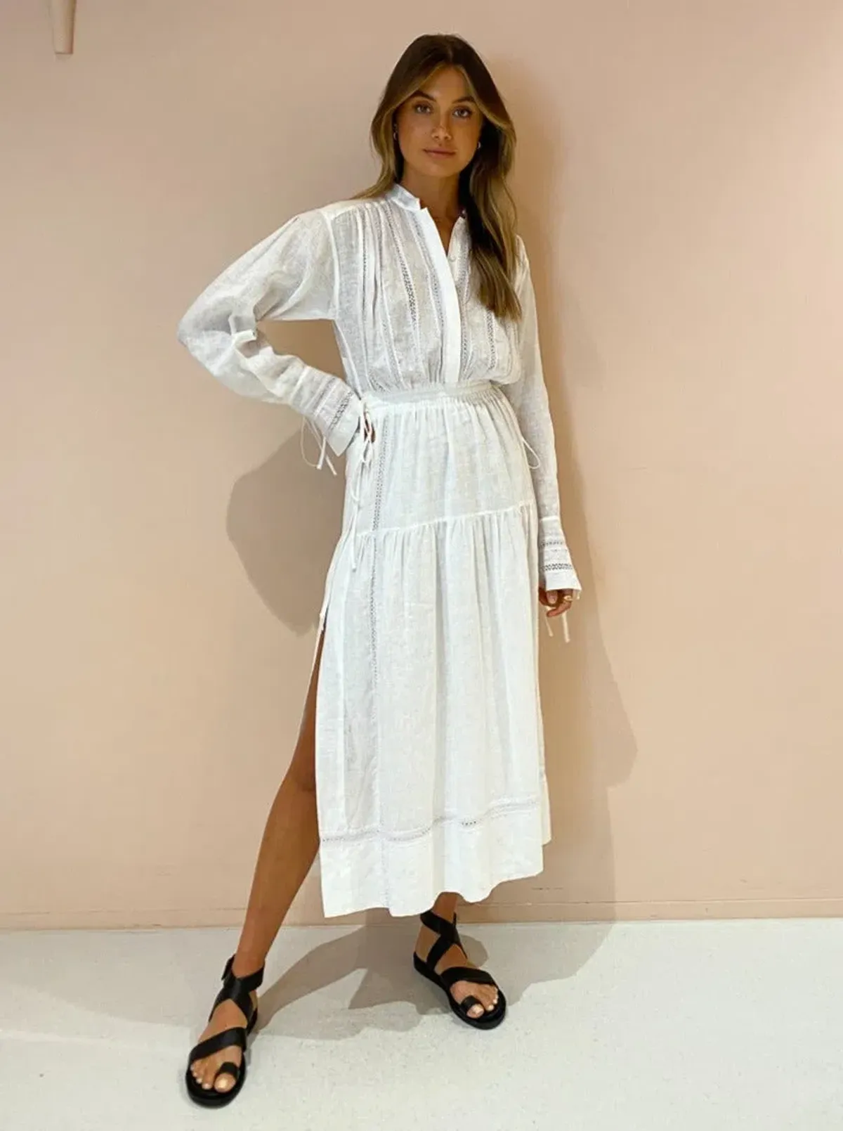 Shona Joy Adriana Linen Long Sleeve Midi Dress in Rice White Size 10 - Image 1
