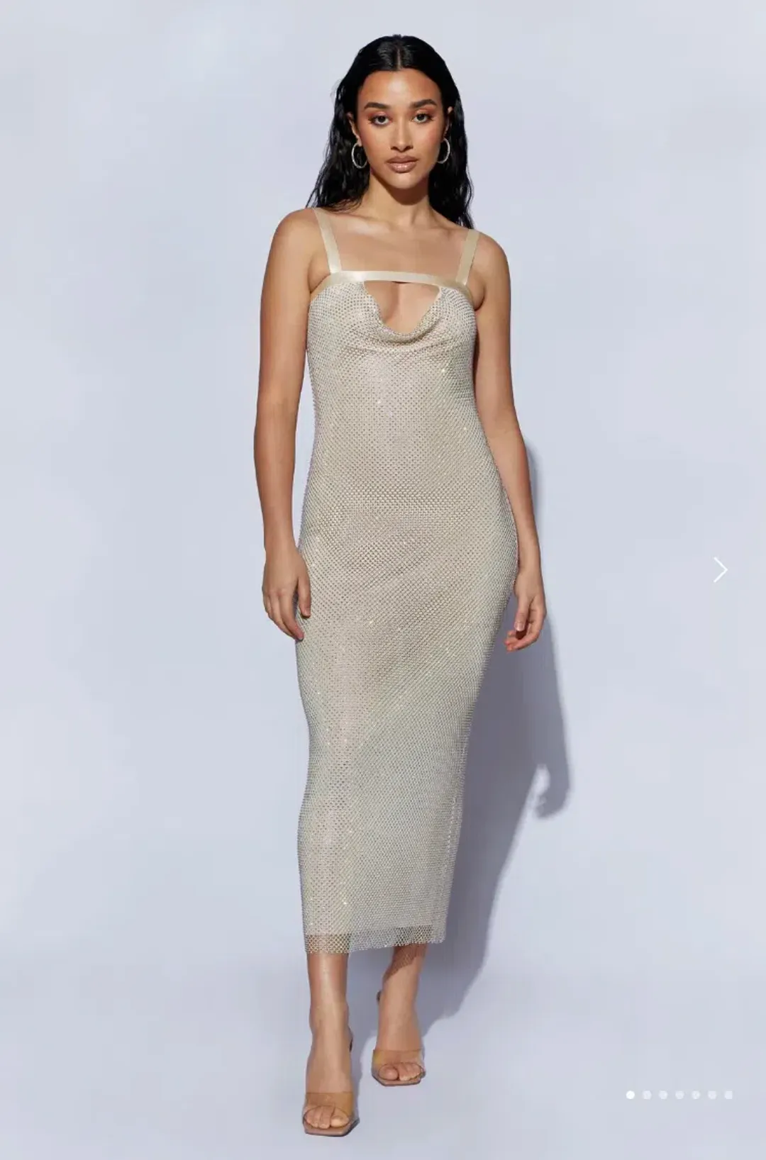 Meshki Mehry Diamante Mesh Cowl Dress Cream Size M-L / Au 10-12  for rent on The Volte - main image