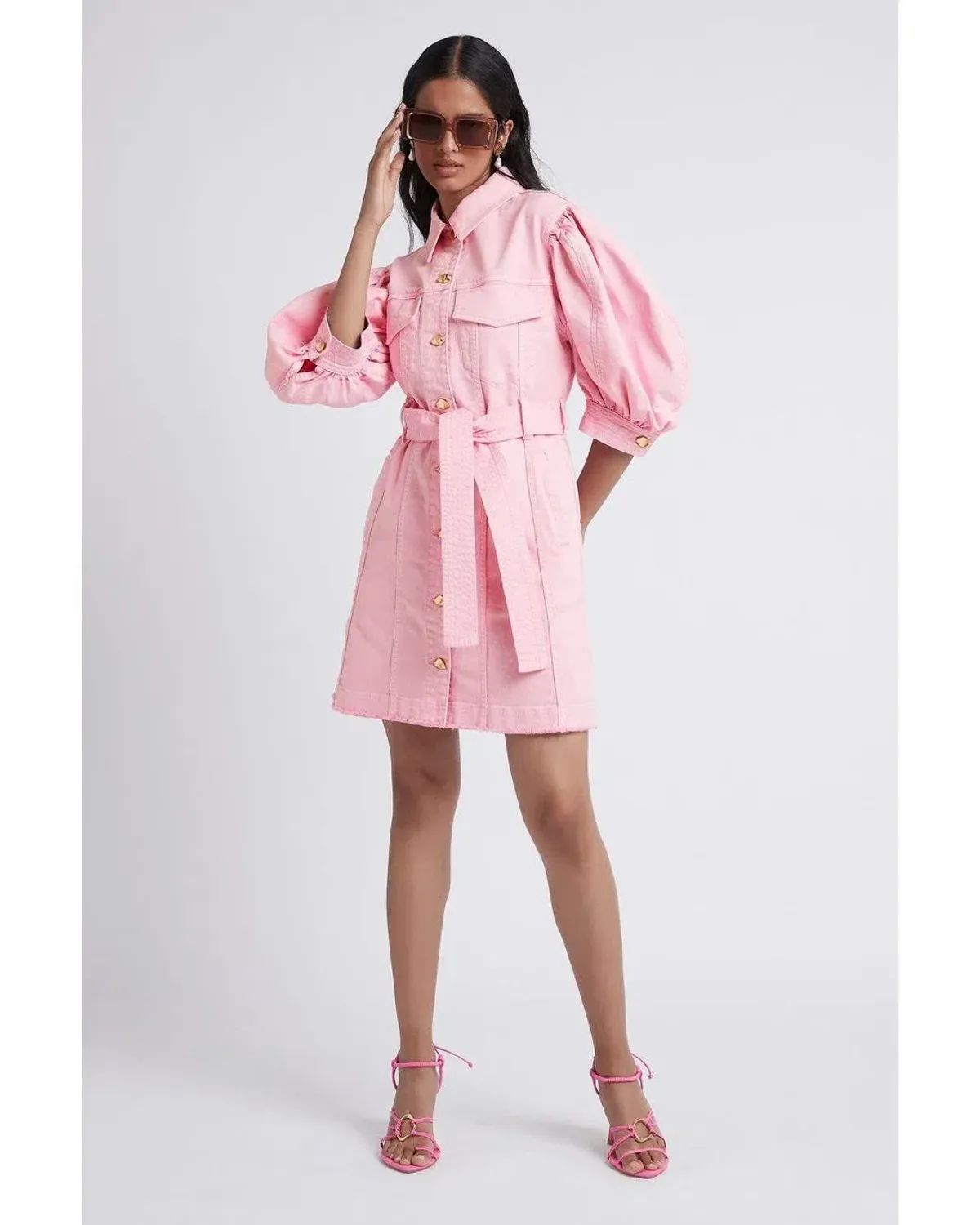Aje Triada Button Denim Puff Sleeve Dress Pink Size 8 - Image 2