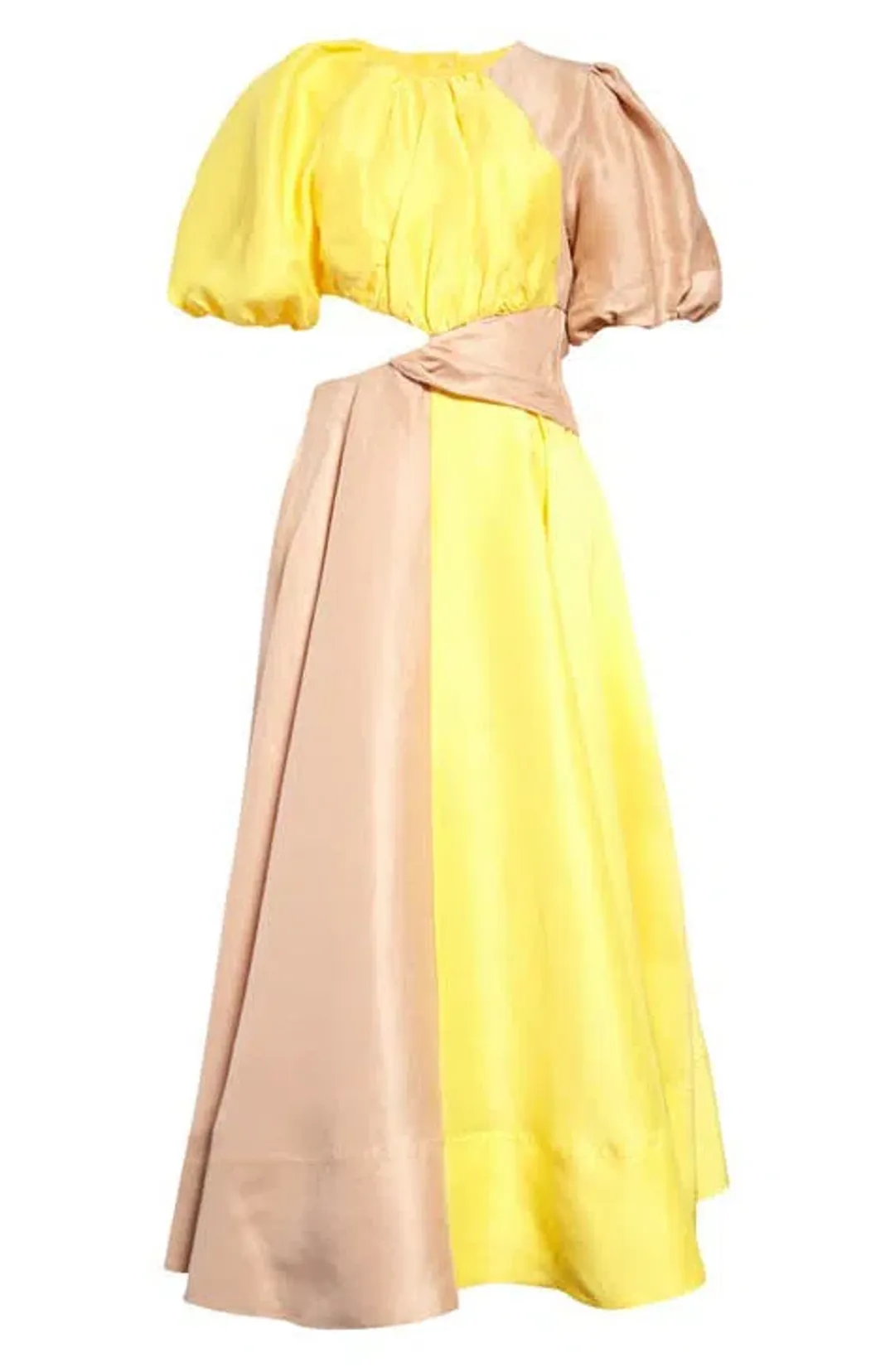 Aje Caliente Two Tone Puff Sleeve Dress Yellow/Nude Size 16 for rent on The Volte - main image