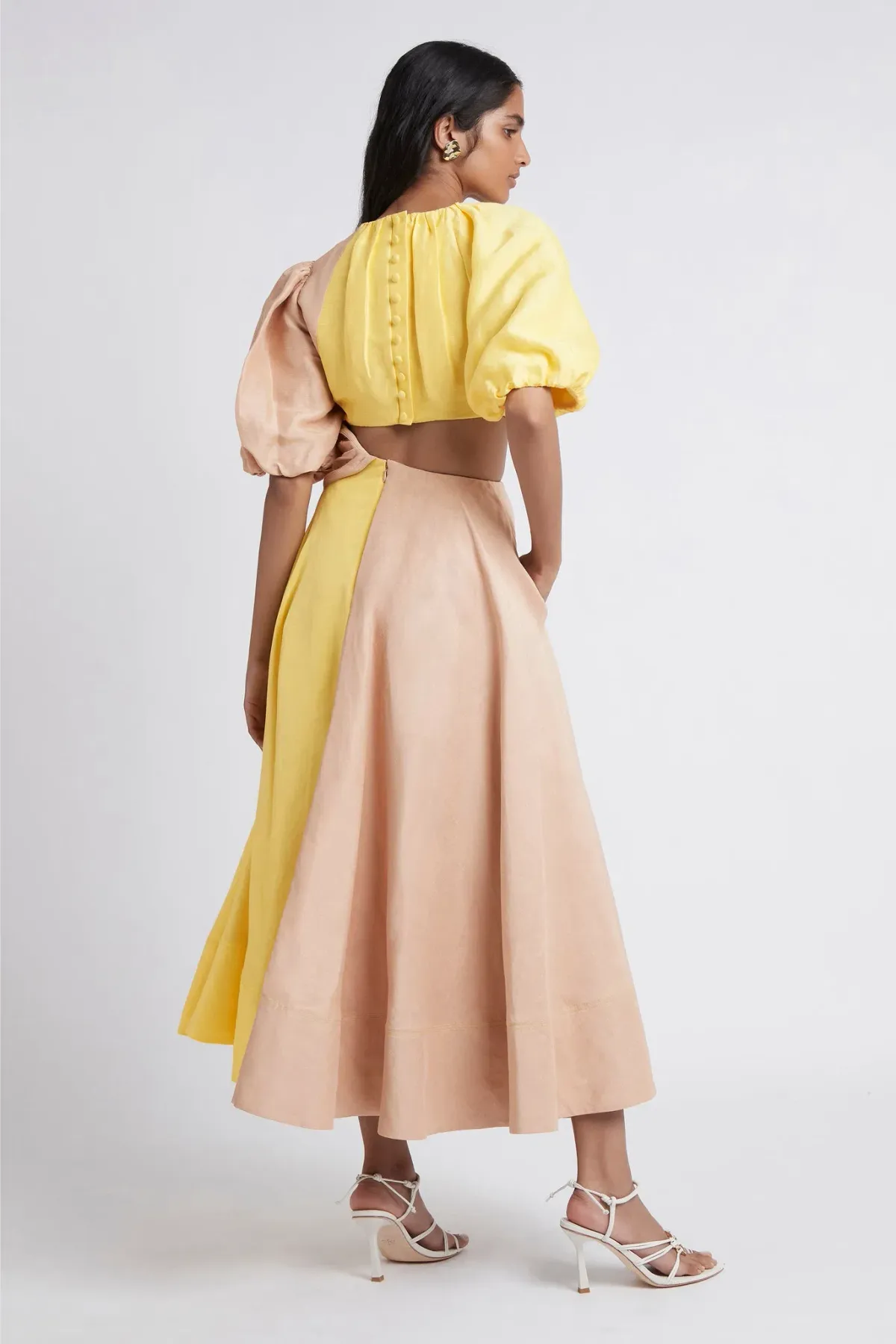 Aje Caliente Two Tone Puff Sleeve Dress Yellow/Nude Size 16 - Image 3