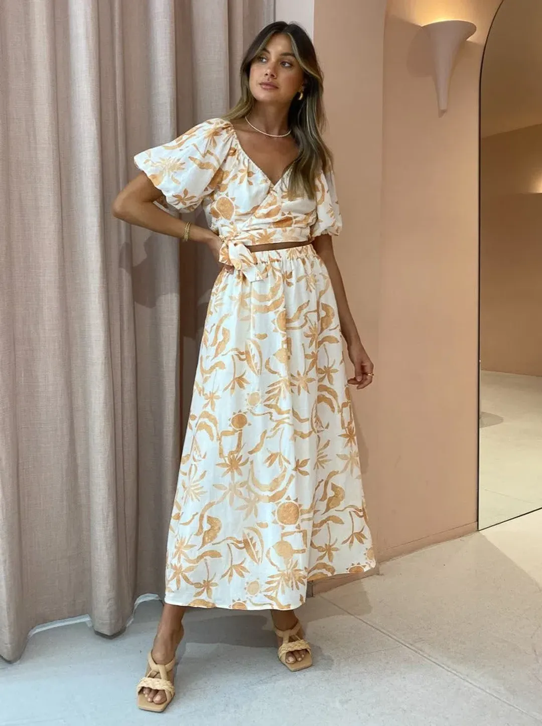 Steele Jules Skirt and Murphy Top in Sand Palmette Print Size M/AU 10 for rent on The Volte - main image