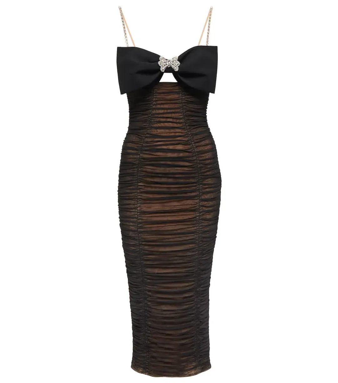 Self Portrait Bow Embellished Ruched Midi Dress Black Size 8 for rent on The Volte - main image