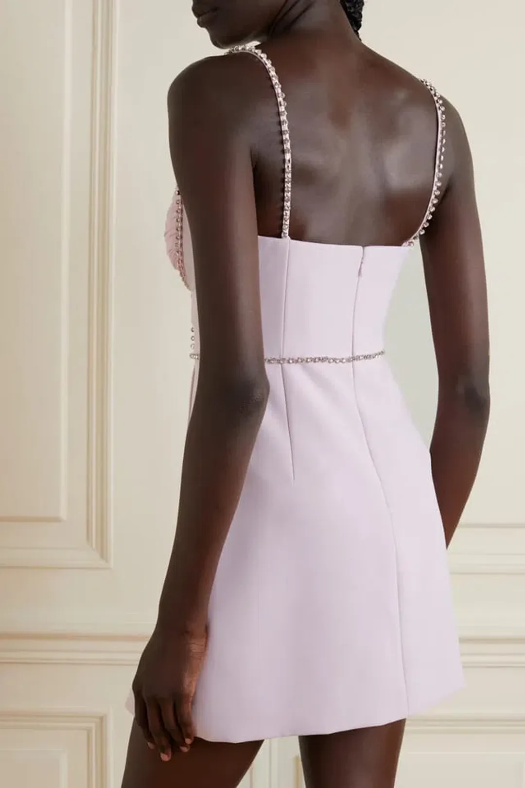 Self Portrait Crystal Embellished Crepe and Ruched Chiffon Mini Dress Pink Size 8 for rent on The Volte - main image