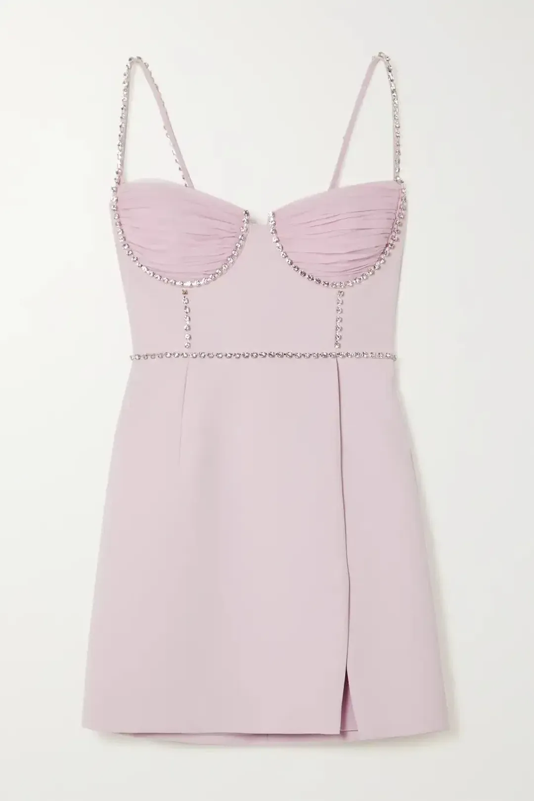 Self Portrait Crystal Embellished Crepe and Ruched Chiffon Mini Dress Pink Size 8 for rent on The Volte - main image