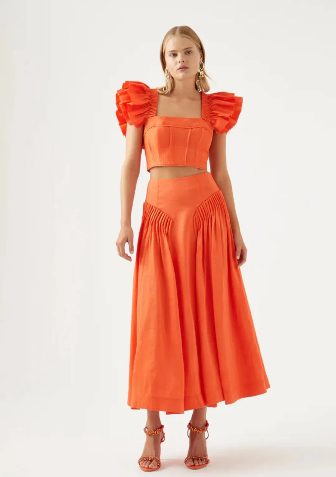 Aje Imagination Frill Sleeve Top and Yves Midi Skirt Set Orange Size 8 / S for rent on The Volte - main image