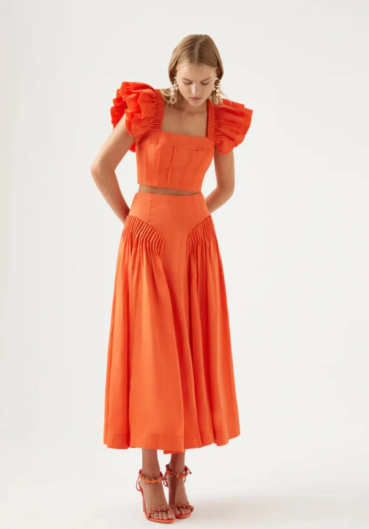 Aje Imagination Frill Sleeve Top and Yves Midi Skirt Set Orange Size 8 / S - Image 2