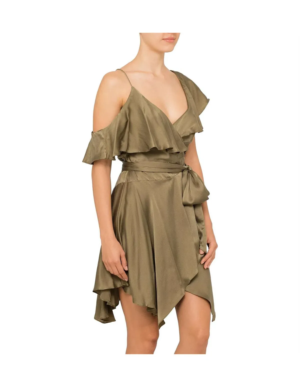 Zimmermann Sueded Asymmetrical Wrap Mini Dress Khaki Size 8 - Image 2