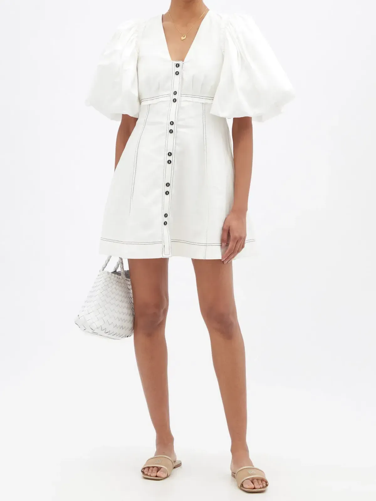 Aje Cherished Puff Sleeve Linen Mini Dress White Size 12 / L - Image 1