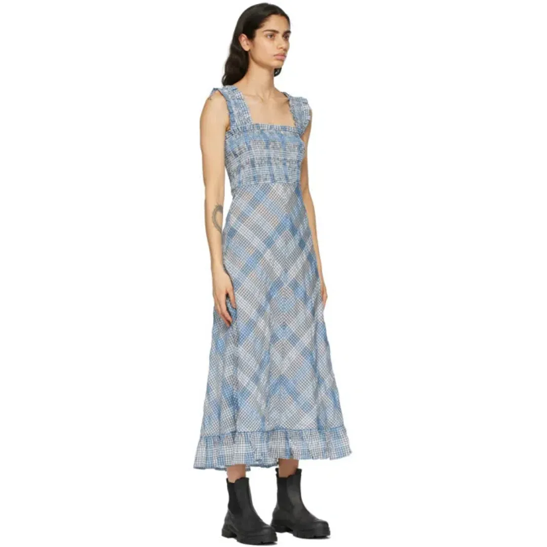 Ganni Cotton Seersucker Check Long Dress in Heather Size 10 for rent on The Volte - main image