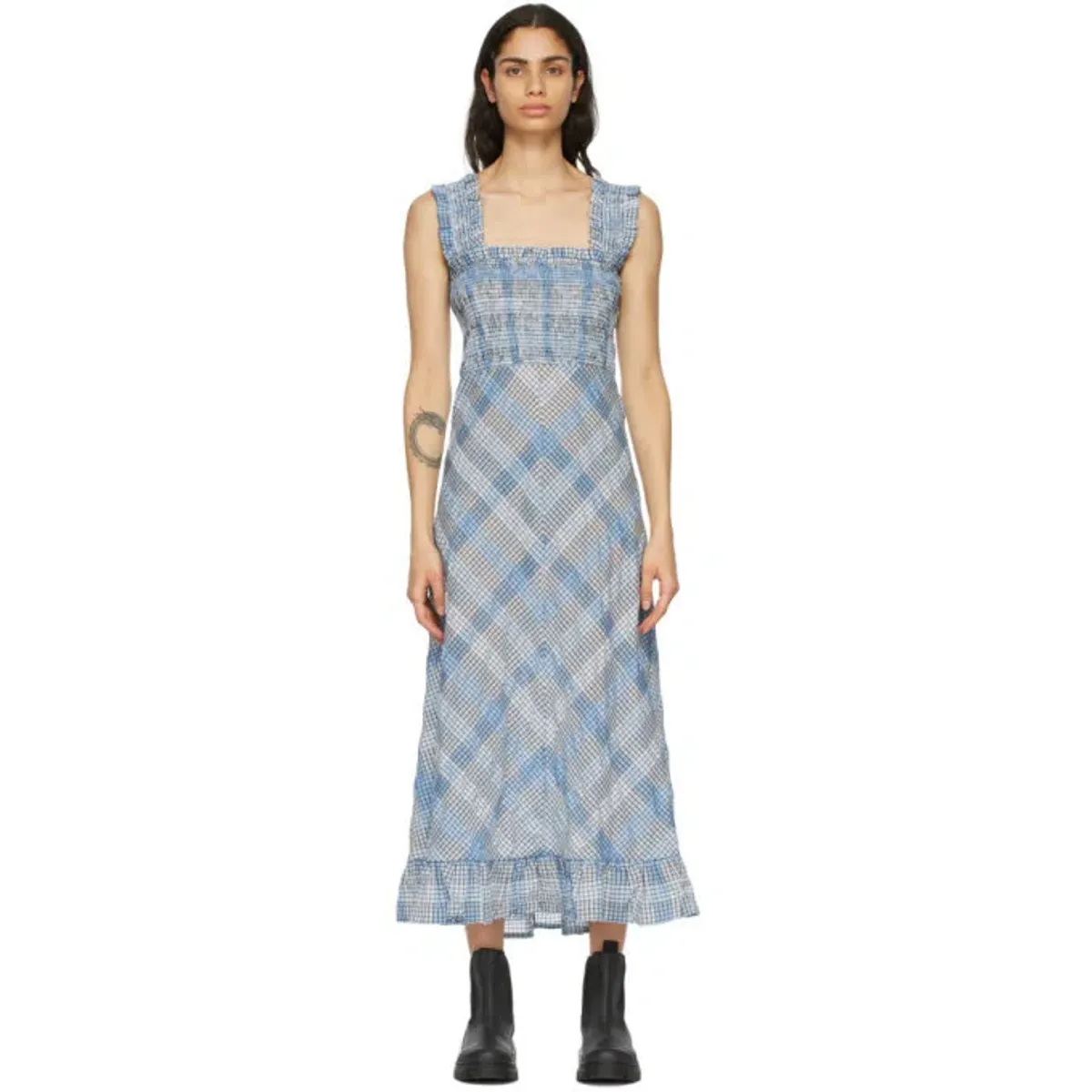Ganni Cotton Seersucker Check Long Dress in Heather Size 10 - Image 3