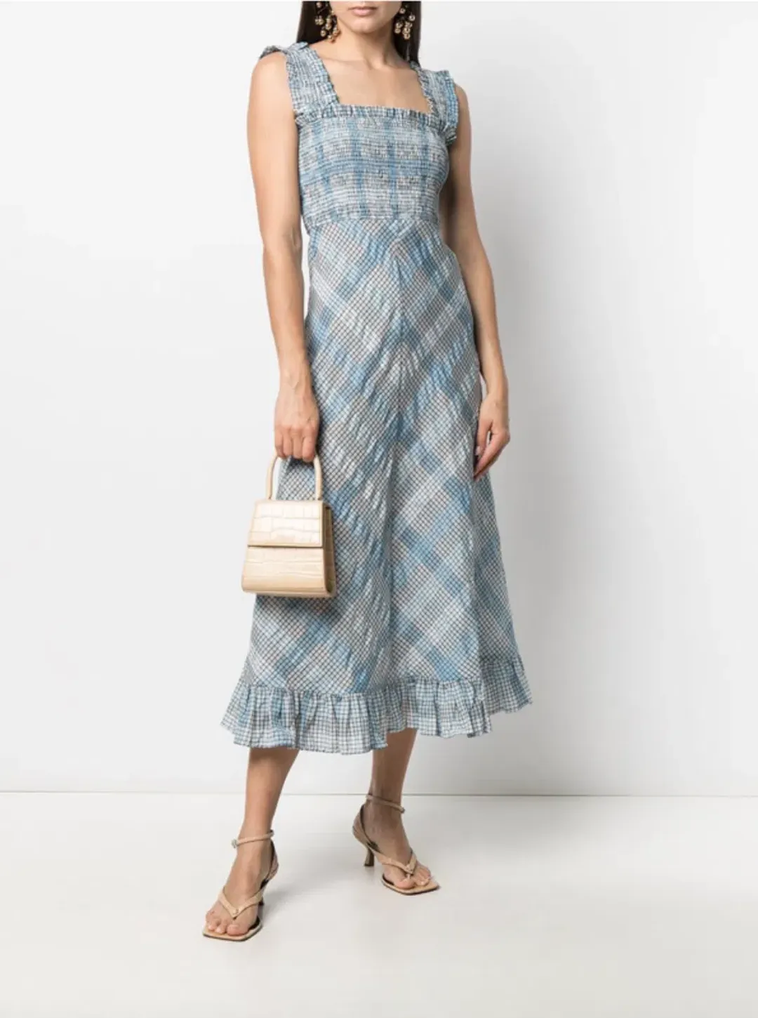 Ganni Cotton Seersucker Check Long Dress in Heather Size 10 for rent on The Volte - main image