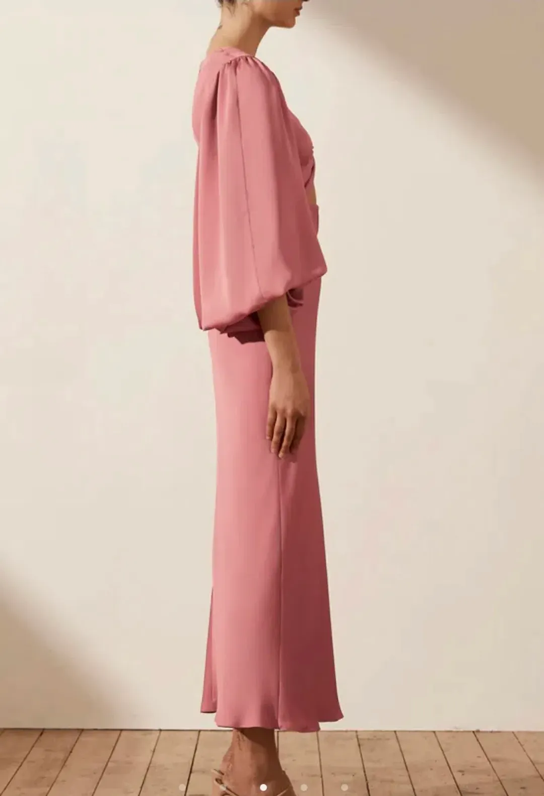 Shona Joy Luxe Twist Front Balloon Sleeve Midi Dress Dusty Pink Size 14 for rent on The Volte - main image